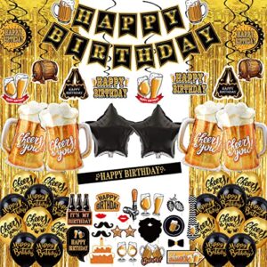 happy birthday decorations for men women - (61pcs) black and gold party decorations Banner, Sign Latex Balloon,Fringe Curtains and cheers to you Foil Balloons,Hanging Swirl,photo props,birthday sash