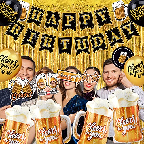 happy birthday decorations for men women - (61pcs) black and gold party decorations Banner, Sign Latex Balloon,Fringe Curtains and cheers to you Foil Balloons,Hanging Swirl,photo props,birthday sash