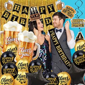 happy birthday decorations for men women - (61pcs) black and gold party decorations Banner, Sign Latex Balloon,Fringe Curtains and cheers to you Foil Balloons,Hanging Swirl,photo props,birthday sash