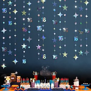 MUDESEN Sweet 16 Sixteen Birthday Party Decorations for Girls, Iridescent Number 16 Circle Dot Twinkle Star Garland Kit Hanging Streamer Backdrop Decorations for Girls 16th Birthday Party …