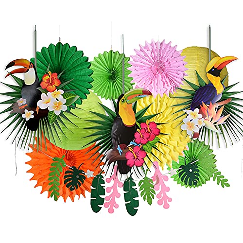 Paper Jazz Tropical Bird Toucan Leave Garland Party Kit to Summer Hawaiian Luau Tiki Tropical Themed Party Decorations Luau Party Supplies Decor with Paper Palm Leaves Paper Fan Paper Lanterns