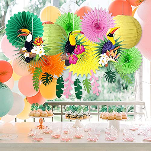 Paper Jazz Tropical Bird Toucan Leave Garland Party Kit to Summer Hawaiian Luau Tiki Tropical Themed Party Decorations Luau Party Supplies Decor with Paper Palm Leaves Paper Fan Paper Lanterns