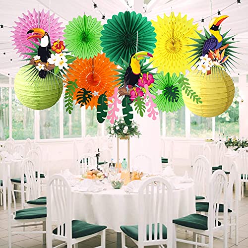 Paper Jazz Tropical Bird Toucan Leave Garland Party Kit to Summer Hawaiian Luau Tiki Tropical Themed Party Decorations Luau Party Supplies Decor with Paper Palm Leaves Paper Fan Paper Lanterns