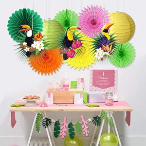 Paper Jazz Tropical Bird Toucan Leave Garland Party Kit to Summer Hawaiian Luau Tiki Tropical Themed Party Decorations Luau Party Supplies Decor with Paper Palm Leaves Paper Fan Paper Lanterns