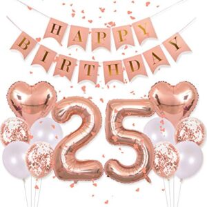 birthday decorations happy birthday banner 40inch rose gold number 25 balloons rose gold confetti balloons 1″ in diameter heart confetti for 25th birthday party supplies photo props (rose gold 25)