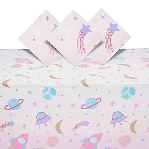 BLUE PANDA 3 Pack Pink Plastic Space Table Cover for Girls Outer Space Birthday Party Supplies (54 x 108 in)