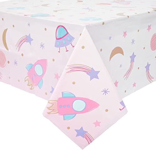 BLUE PANDA 3 Pack Pink Plastic Space Table Cover for Girls Outer Space Birthday Party Supplies (54 x 108 in)