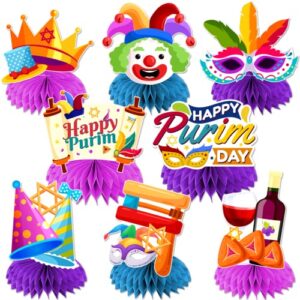 8 pcs purim decorations honeycomb centerpieces, happy purim table decorations, purim party decorations 3d double side honeycomb decorations for the jolly jewish holiday purim day party