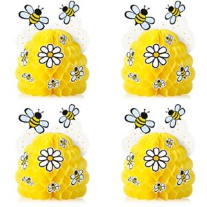 honey bee party decorations, bee baby centerpieces honeycomb decorations with bee sunflower stickers for bee themed party baby shower birthday table party decoration (4 sets)