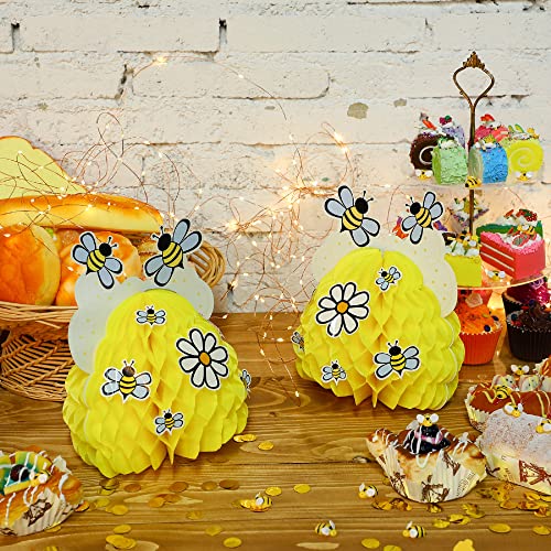 Honey Bee Party Decorations, Bee Baby Centerpieces Honeycomb Decorations with Bee Sunflower Stickers for Bee Themed Party Baby Shower Birthday Table Party Decoration (4 Sets)