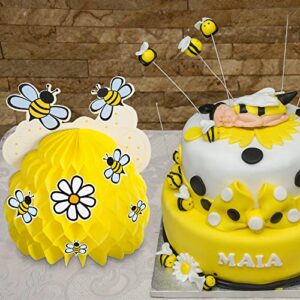 Honey Bee Party Decorations, Bee Baby Centerpieces Honeycomb Decorations with Bee Sunflower Stickers for Bee Themed Party Baby Shower Birthday Table Party Decoration (4 Sets)