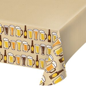 creative converting 324453 cheers & beers plastic border print tablecover, 54″ x 102″, ivory
