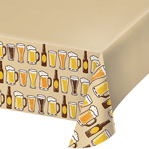 Creative Converting 324453 Cheers & Beers Plastic Border Print Tablecover, 54" x 102", Ivory