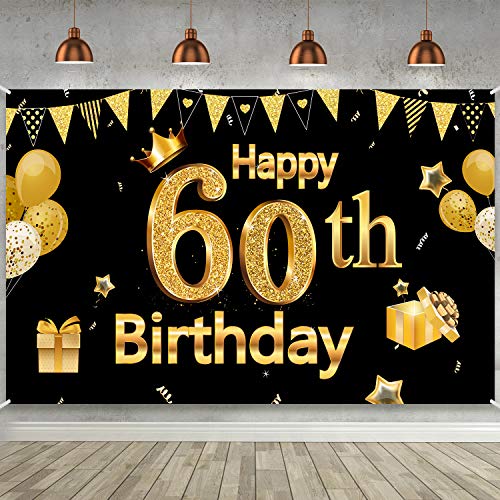 60th Birthday Banner for Men Women, 60th Party Decoration Supplies Backdrop Large Black Gold Sign Poster Photo Booth Background Decor Indoor Outdoor, 72.8 x 43.3 Inch