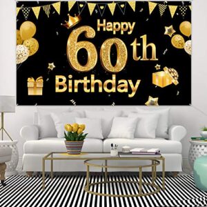 60th Birthday Banner for Men Women, 60th Party Decoration Supplies Backdrop Large Black Gold Sign Poster Photo Booth Background Decor Indoor Outdoor, 72.8 x 43.3 Inch