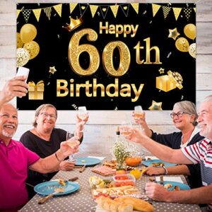 60th Birthday Banner for Men Women, 60th Party Decoration Supplies Backdrop Large Black Gold Sign Poster Photo Booth Background Decor Indoor Outdoor, 72.8 x 43.3 Inch