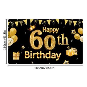60th Birthday Banner for Men Women, 60th Party Decoration Supplies Backdrop Large Black Gold Sign Poster Photo Booth Background Decor Indoor Outdoor, 72.8 x 43.3 Inch