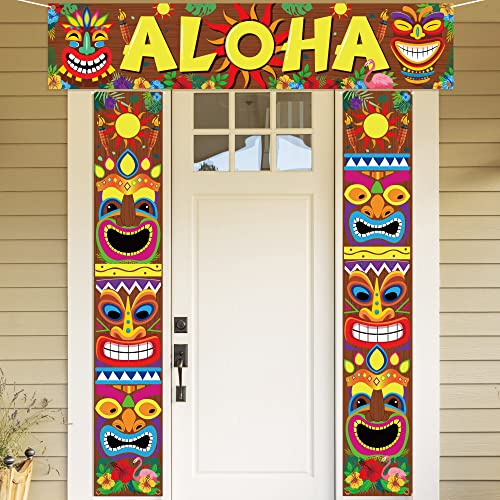 90shine 3PCS Hawaiian Luau Party Decorations Tiki Banners Aloha Tropical Moana Flamingo Door Porch Signs Wall Hanging Decor Supplies