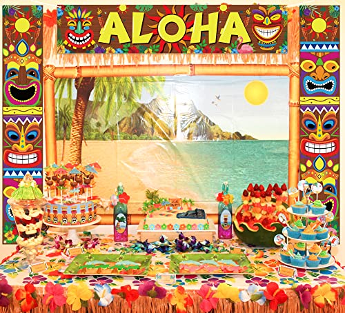 90shine 3PCS Hawaiian Luau Party Decorations Tiki Banners Aloha Tropical Moana Flamingo Door Porch Signs Wall Hanging Decor Supplies