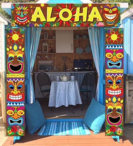 90shine 3PCS Hawaiian Luau Party Decorations Tiki Banners Aloha Tropical Moana Flamingo Door Porch Signs Wall Hanging Decor Supplies