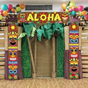 90shine 3PCS Hawaiian Luau Party Decorations Tiki Banners Aloha Tropical Moana Flamingo Door Porch Signs Wall Hanging Decor Supplies