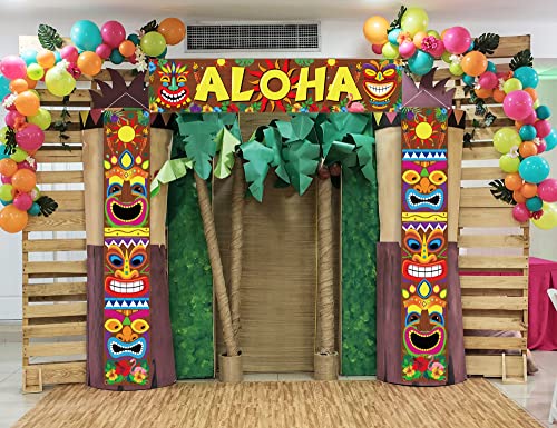 90shine 3PCS Hawaiian Luau Party Decorations Tiki Banners Aloha Tropical Moana Flamingo Door Porch Signs Wall Hanging Decor Supplies