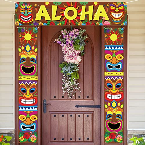 90shine 3PCS Hawaiian Luau Party Decorations Tiki Banners Aloha Tropical Moana Flamingo Door Porch Signs Wall Hanging Decor Supplies