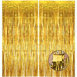 hdljd shiny gold metallic foil fringe door & window curtain party decoration 3.3′ x 6.6′ （value pack of 2）