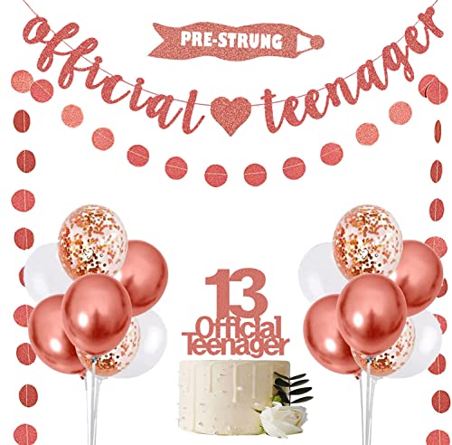 Official Teenager 13th Decorations Rose Gold - Official Teenager Banner Pre-Strung & Official Teenager Cake Topper & Circle Dots Garland & White Rose Gold Confetti Balloons for 13th Birthday Decor