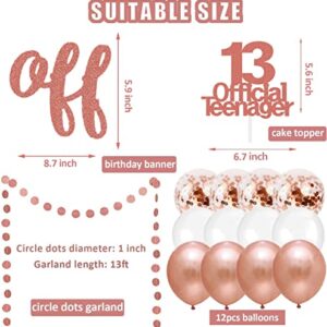 Official Teenager 13th Decorations Rose Gold - Official Teenager Banner Pre-Strung & Official Teenager Cake Topper & Circle Dots Garland & White Rose Gold Confetti Balloons for 13th Birthday Decor