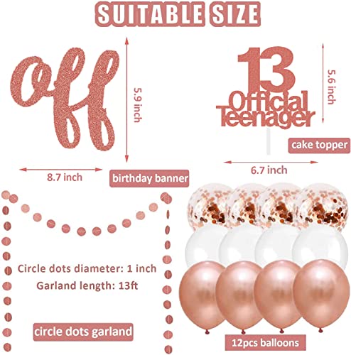 Official Teenager 13th Decorations Rose Gold - Official Teenager Banner Pre-Strung & Official Teenager Cake Topper & Circle Dots Garland & White Rose Gold Confetti Balloons for 13th Birthday Decor