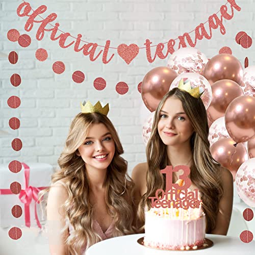 Official Teenager 13th Decorations Rose Gold - Official Teenager Banner Pre-Strung & Official Teenager Cake Topper & Circle Dots Garland & White Rose Gold Confetti Balloons for 13th Birthday Decor