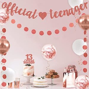 Official Teenager 13th Decorations Rose Gold - Official Teenager Banner Pre-Strung & Official Teenager Cake Topper & Circle Dots Garland & White Rose Gold Confetti Balloons for 13th Birthday Decor