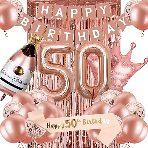 50th Birthday Decorations for Women, Rose Gold 50th Birthday Party Decoration for Her, 50th Happy Birthday Banner Kits Rosegold Balloons Decoration for Girls Women 50th Birthday Party Supplies