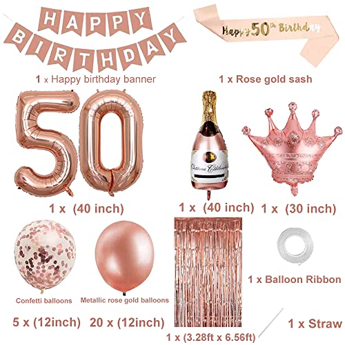 50th Birthday Decorations for Women, Rose Gold 50th Birthday Party Decoration for Her, 50th Happy Birthday Banner Kits Rosegold Balloons Decoration for Girls Women 50th Birthday Party Supplies