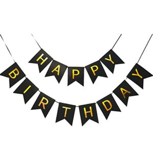 large happy birthday banner 6.3&7.8 inches happy birthday bunting banner with shiny gold letters black & gold birthday party decorations for any ages’s party supplies with 13 cards, a ribbon