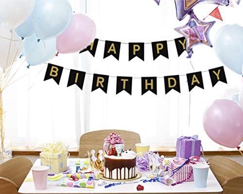 Large Happy Birthday Banner 6.3&7.8 inches Happy Birthday Bunting Banner with Shiny Gold Letters Black & Gold Birthday Party Decorations for Any Ages's Party Supplies with 13 Cards, a Ribbon