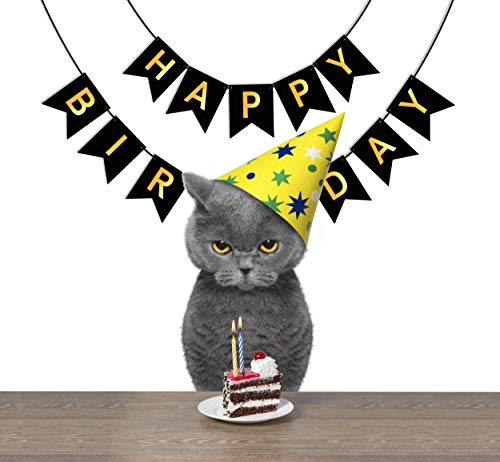 Large Happy Birthday Banner 6.3&7.8 inches Happy Birthday Bunting Banner with Shiny Gold Letters Black & Gold Birthday Party Decorations for Any Ages's Party Supplies with 13 Cards, a Ribbon