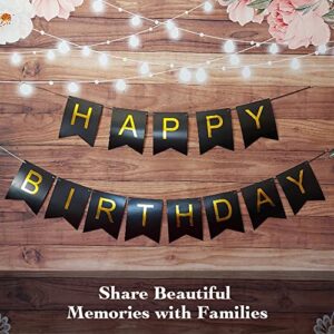 Large Happy Birthday Banner 6.3&7.8 inches Happy Birthday Bunting Banner with Shiny Gold Letters Black & Gold Birthday Party Decorations for Any Ages's Party Supplies with 13 Cards, a Ribbon