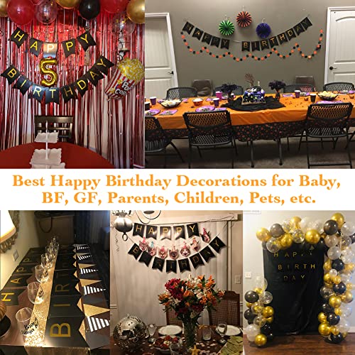 Large Happy Birthday Banner 6.3&7.8 inches Happy Birthday Bunting Banner with Shiny Gold Letters Black & Gold Birthday Party Decorations for Any Ages's Party Supplies with 13 Cards, a Ribbon