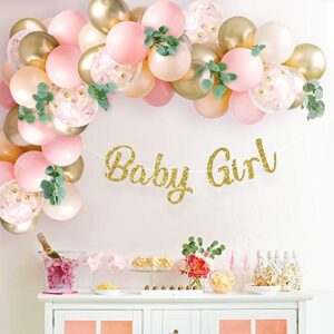sweet baby co. baby shower decorations for girl with pink balloon arch garland kit, baby girl banner decor, eucalyptus boho greenery vine, light pink, peach blush, gold, confetti balloons