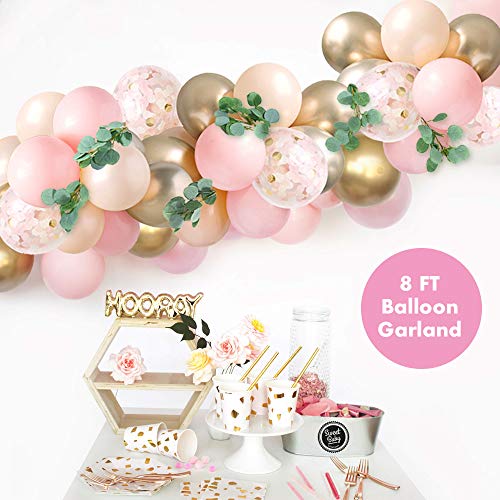 Sweet Baby Co. Baby Shower Decorations for Girl with Pink Balloon Arch Garland Kit, Baby Girl Banner Decor, Eucalyptus Boho Greenery Vine, Light Pink, Peach Blush, Gold, Confetti Balloons