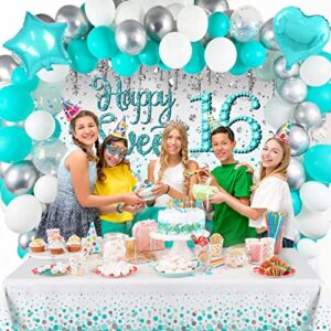 Sweet 16 Birthday Decorations--Teal 16th Birthday Decorations for Girls,Sweet 16 Backdrop ,Sweet 16 Birthday Sash ,Teal Blue Balloons Garland Kit and Teal Dot Disposable Tablecloth
