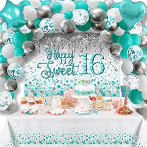 sweet 16 birthday decorations–teal 16th birthday decorations for girls,sweet 16 backdrop ,sweet 16 birthday sash ,teal blue balloons garland kit and teal dot disposable tablecloth