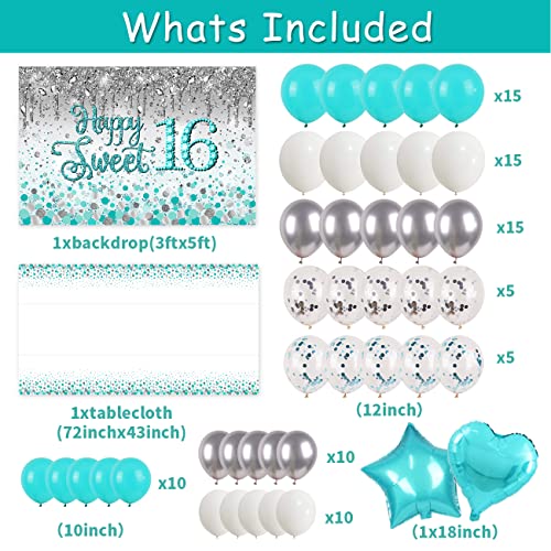 Sweet 16 Birthday Decorations--Teal 16th Birthday Decorations for Girls,Sweet 16 Backdrop ,Sweet 16 Birthday Sash ,Teal Blue Balloons Garland Kit and Teal Dot Disposable Tablecloth