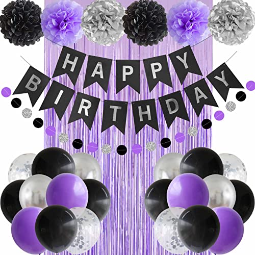 ANSOMO Black Purple and Silver Happy Birthday Party Decorations Balloons Décor Supplies Women Men Boys Girls 16th 20th 25th 30th 35th 40th 45th 50th 60th 70th