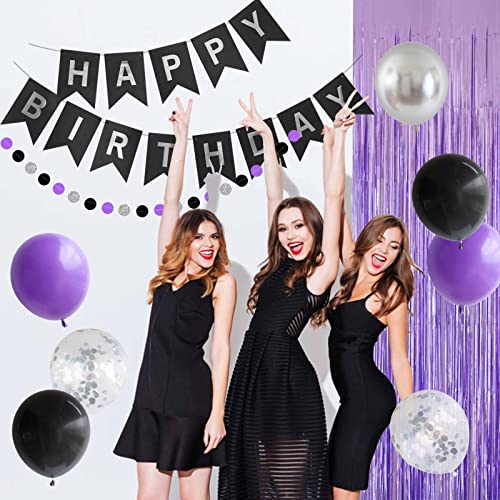 ANSOMO Black Purple and Silver Happy Birthday Party Decorations Balloons Décor Supplies Women Men Boys Girls 16th 20th 25th 30th 35th 40th 45th 50th 60th 70th