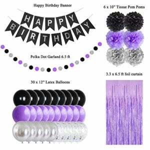 ANSOMO Black Purple and Silver Happy Birthday Party Decorations Balloons Décor Supplies Women Men Boys Girls 16th 20th 25th 30th 35th 40th 45th 50th 60th 70th