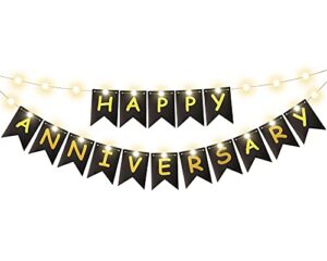 happy anniversary banner gold foiled sign banner with led fairy string light 8 flicker mode, anniversary party decoration photo props for anniversary wedding party ceremony decoration (black)