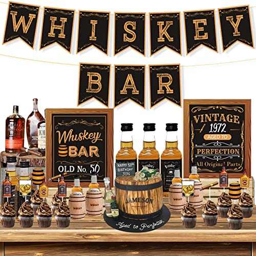 Whiskey Bar Decoration Kit, DIY Whiskey Bar Sign Aged to Perfection Party Sign Whiskey Themed Cake Toppers for Men 30th 40th 50th Birthday Decorations Whiskey Aged to Perfection Party Supplies